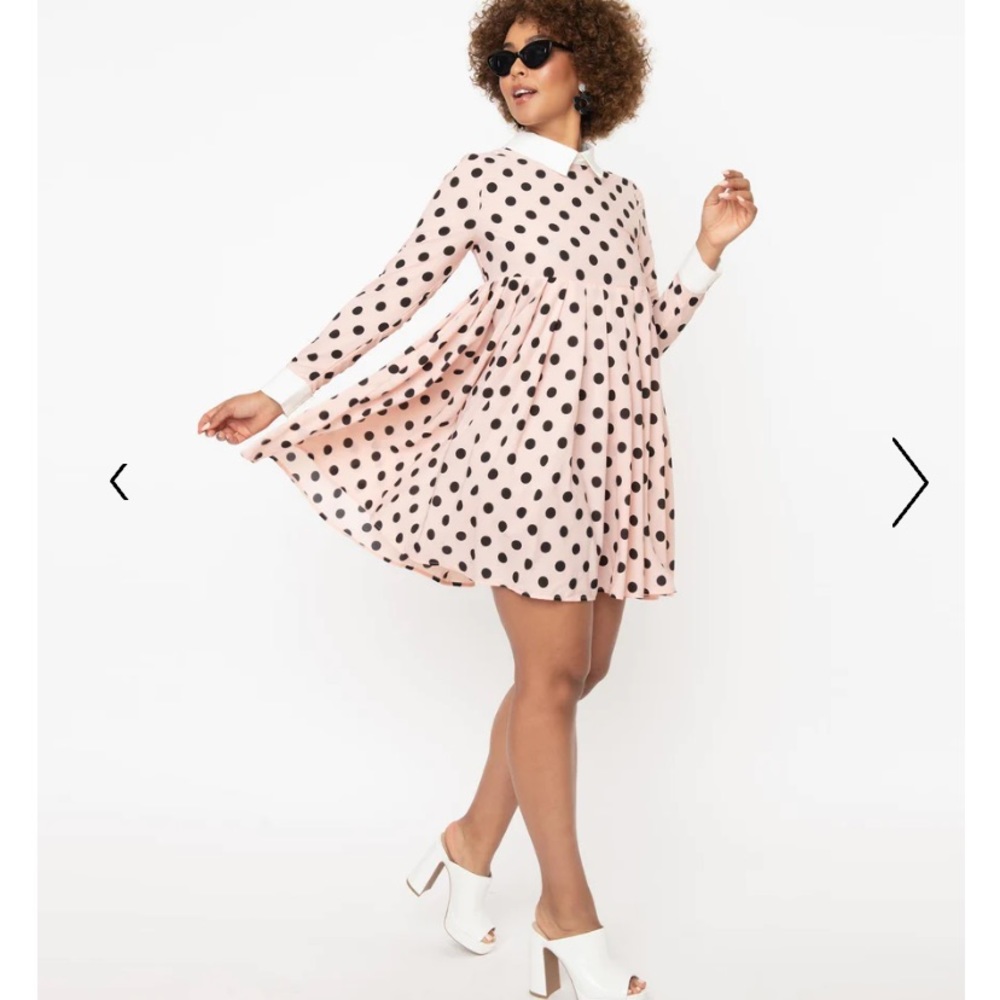 Unique Vintage Pink Polka Dot Long Sleeve Mini Dress
